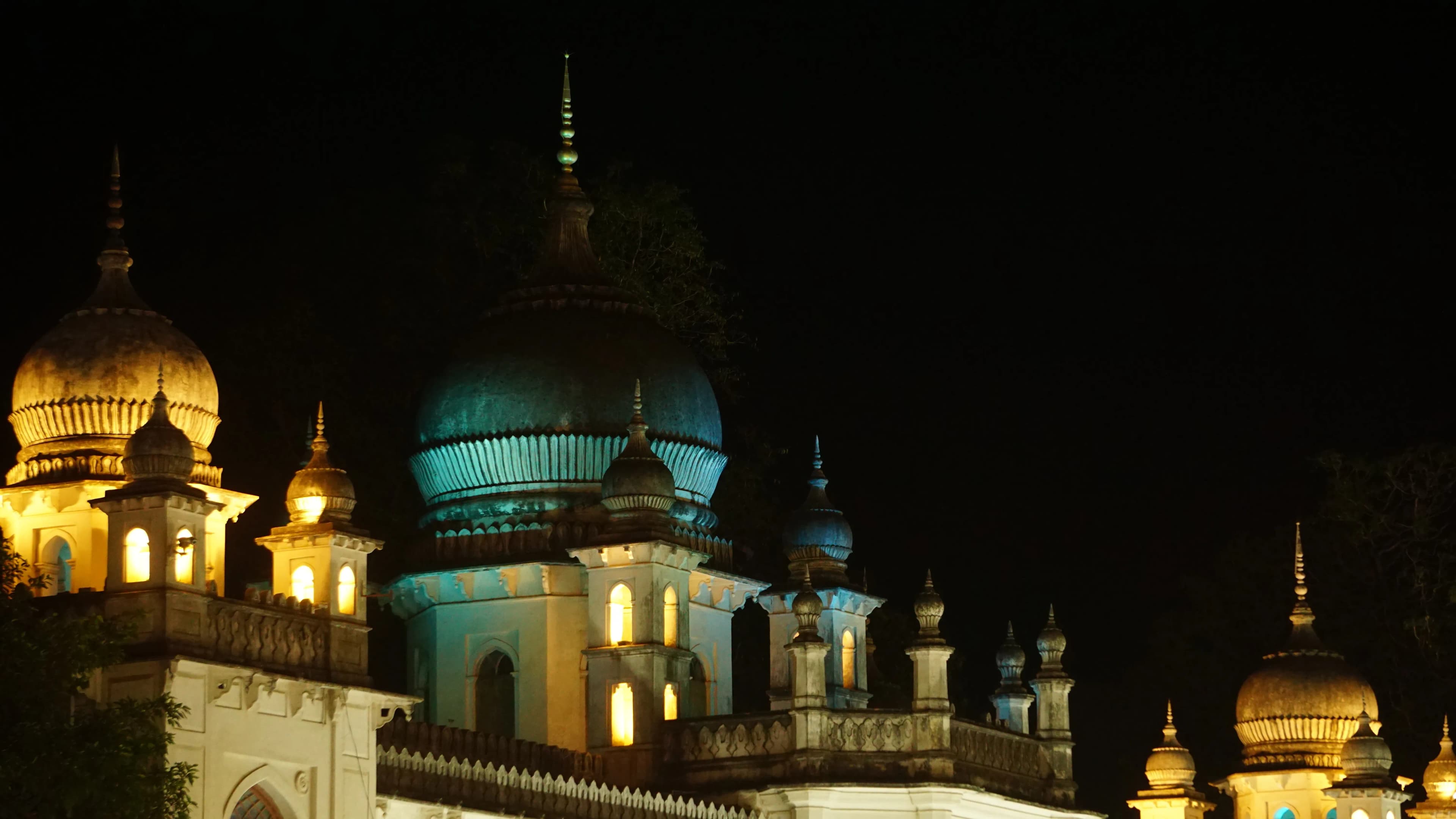 The mosque, lit up for the night