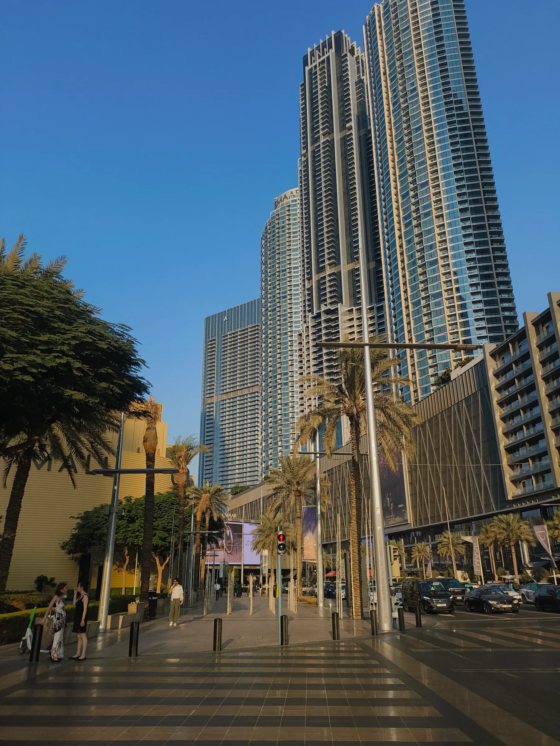 Palms and glass towers in Downtown Dubai