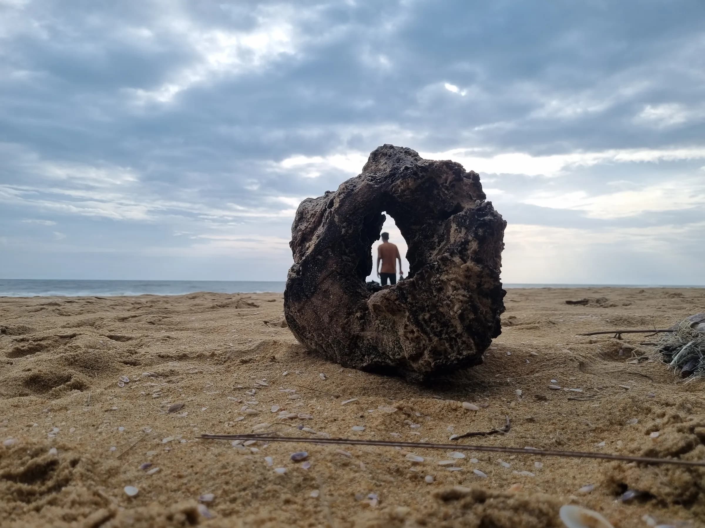 A friend peeking through a hole in an old stump on the beach